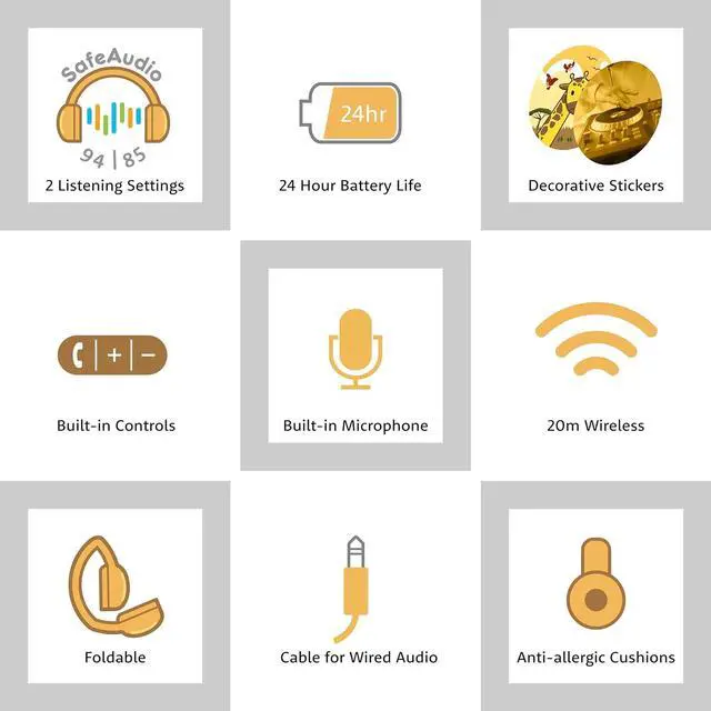 Alt view image 3 of 7 - BuddyPhones POP Fun Wireless Bluetooth On Ear Kids Headphones, Volume Limiting with Built-in Microphone for School/Home/Travel, Foldable Design for iPhone/iPad/Tablet, 24 Hrs Battery Life, Yellow