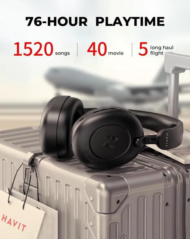 Alt view image 4 of 6 - havit H655BT Hybrid Active Noise Cancelling Headphones for Airplane Travel, Wireless Over Ear Bluetooth Headphones, 76H Playtime, Hi-Res Audio, Super Bass via App, 5 Mic for Noise Cancelling