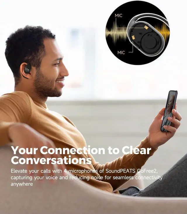 Alt view image 3 of 7 - SoundPEATS Open Ear Headphones Over Ear Buds, Upgraded Gofree2 Bluetooth V5.3 Stereo Earbuds with Bass Boost, 35Hrs Sports Earphones with Earhooks, IPX5 Waterproof Headsets for Workouts,Stable Comfort