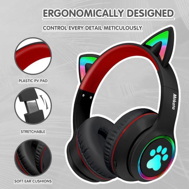 Alt view image 2 of 7 - Headphones Cat Ear Wireless Bluetooth 5.3 60H Over Ear, 8H with Led Light Foldable Music Gaming Headset with Aux 3.5mm Mic for Game TV Pad Tablet Laptop Cellphone Black