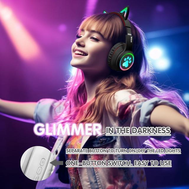 Alt view image 5 of 7 - Headphones Cat Ear Wireless Bluetooth 5.3 60H Over Ear, 8H with Led Light Foldable Music Gaming Headset with Aux 3.5mm Mic for Game TV Pad Tablet Laptop Cellphone Black