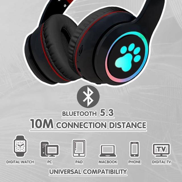 Alt view image 3 of 7 - Headphones Cat Ear Wireless Bluetooth 5.3 60H Over Ear, 8H with Led Light Foldable Music Gaming Headset with Aux 3.5mm Mic for Game TV Pad Tablet Laptop Cellphone Black