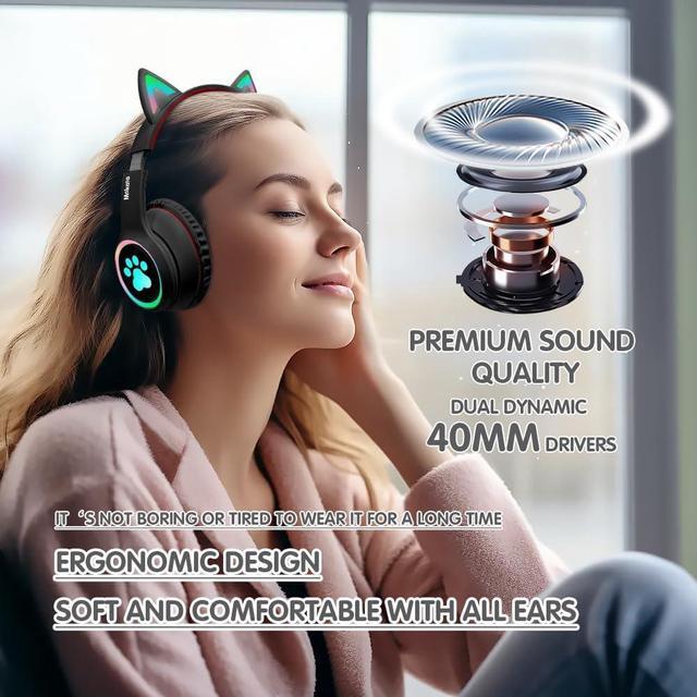 Alt view image 4 of 7 - Headphones Cat Ear Wireless Bluetooth 5.3 60H Over Ear, 8H with Led Light Foldable Music Gaming Headset with Aux 3.5mm Mic for Game TV Pad Tablet Laptop Cellphone Black