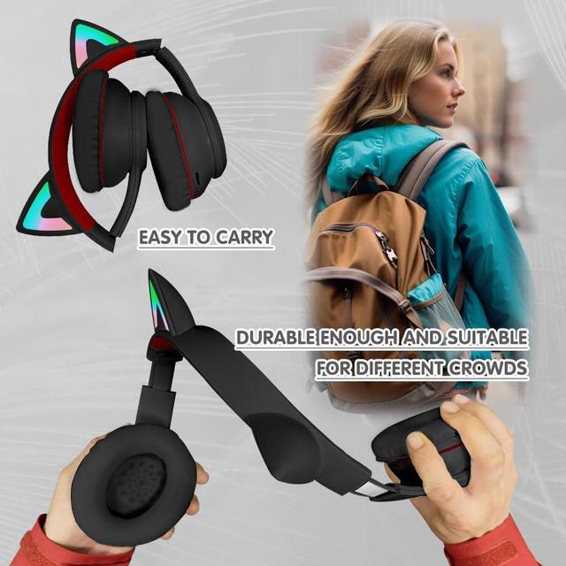 Alt view image 6 of 7 - Headphones Cat Ear Wireless Bluetooth 5.3 60H Over Ear, 8H with Led Light Foldable Music Gaming Headset with Aux 3.5mm Mic for Game TV Pad Tablet Laptop Cellphone Black