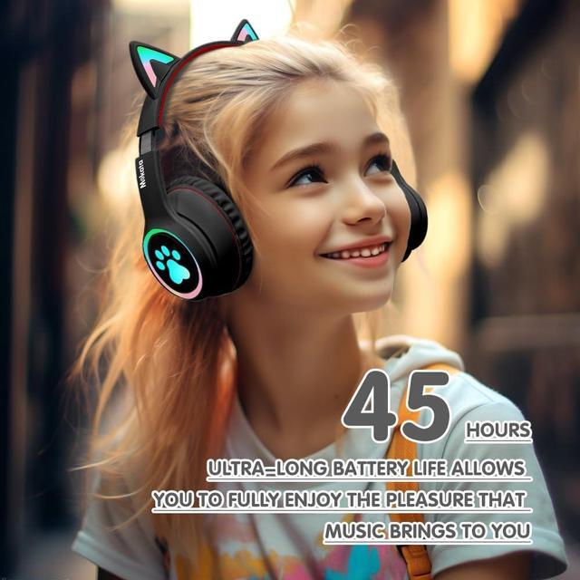 Alt view image 7 of 7 - Headphones Cat Ear Wireless Bluetooth 5.3 60H Over Ear, 8H with Led Light Foldable Music Gaming Headset with Aux 3.5mm Mic for Game TV Pad Tablet Laptop Cellphone Black