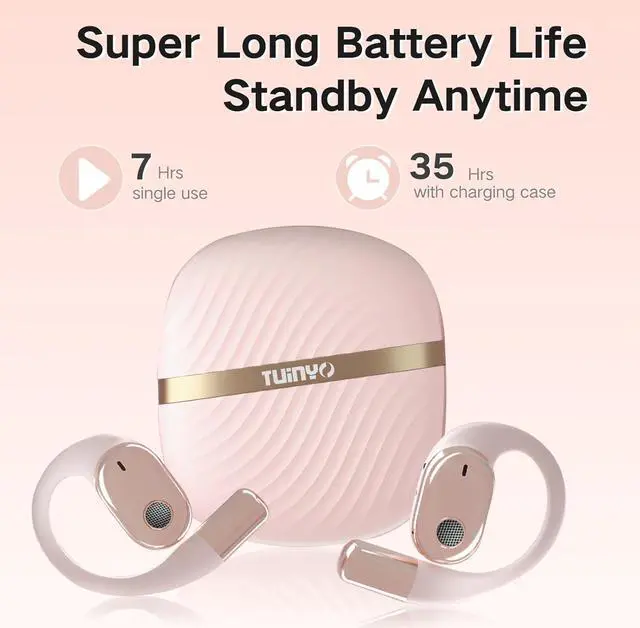 Alt view image 4 of 6 - TUINYO Open Ear Headphones, True Wireless Earbuds with Bluetooth V5.4Fast Charging,35Hrs Playtime, Waterproof for Sports, Driving, Office-Rose