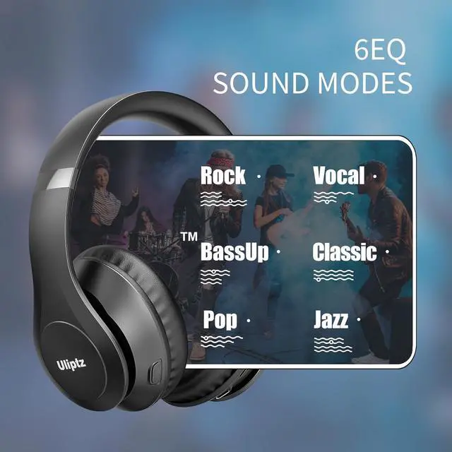 Alt view image 2 of 7 - Uliptz Wireless Bluetooth Headphones, 65H Playtime, 6 EQ Sound Modes, HiFi Stereo Over Ear Headphones with Microphone, Foldable Lightweight Bluetooth 5.3 Headphones for Travel/Office/Cellphone/PC