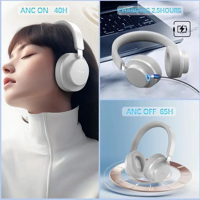 Alt view image 2 of 7 - Noise Cancelling Headphones Wireless Bluetooth, Over Ear Headphones Bluetooth with Microphone, Cancelling Wireless Headphones Over Ear, 65h Playtime, Clear Calls, Comfort Fit For Travel (Grey)