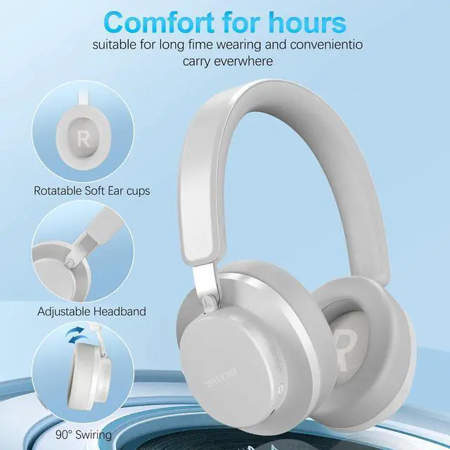 Alt view image 6 of 7 - Noise Cancelling Headphones Wireless Bluetooth, Over Ear Headphones Bluetooth with Microphone, Cancelling Wireless Headphones Over Ear, 65h Playtime, Clear Calls, Comfort Fit For Travel (Grey)