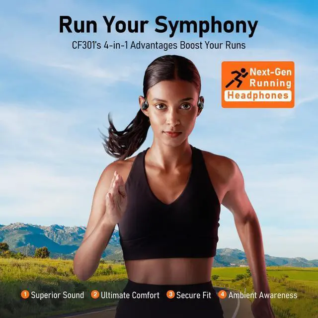 Alt view image 2 of 7 - OpenComfy CF301 Next-Gen Running Headphones, Wireless Bluetooth Open Ear Headphones for Sports Gym Workout, 4-in-1 Advantages: Ultra Comfort, Superior Sound, Secure Fit, Ambient Awareness.