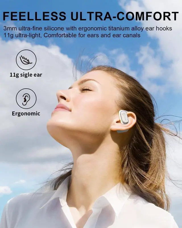 Alt view image 6 of 7 - Open Ear Headphones Wireless Earbuds with 4-Mic, IPX5 Sweat Resistant Open Ear Earbuds Wireless Bluetooth 5.3, 30H Playtime Open Ear Buds with Earhooks, Lightweight for Running, White