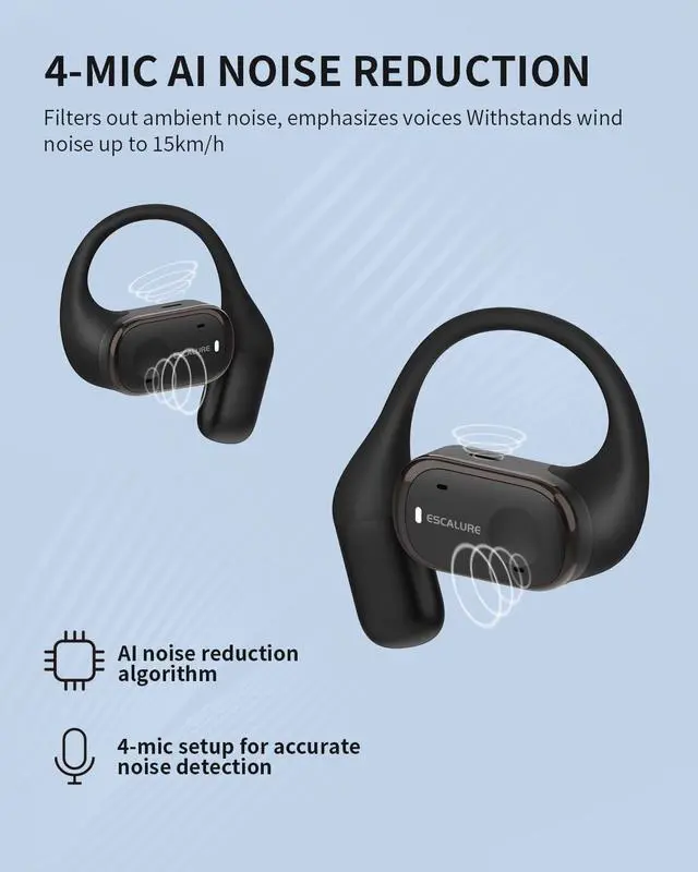 Alt view image 4 of 7 - Open Ear Headphones Wireless Bluetooth with 4-Mic, 30H Playtime Open Ear Earbuds, IPX5 Sweat Resistant Open Ear Buds with Earhooks, Deep Bass Open Ear Wireless Earbuds, Lightweight, Black