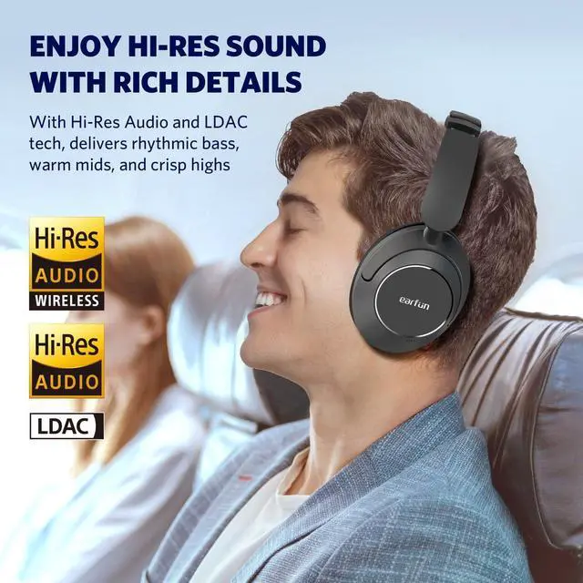 Alt view image 3 of 7 - EarFun Wave Pro Active Noise Canceling Headphones, Wireless Over Ear Bluetooth Headphones, LDAC Hi-Res Sound, 5 Mics AI Clear Call, 80H Playtime, Multipoint Connection, Comfort Fit, Custom EQ via App