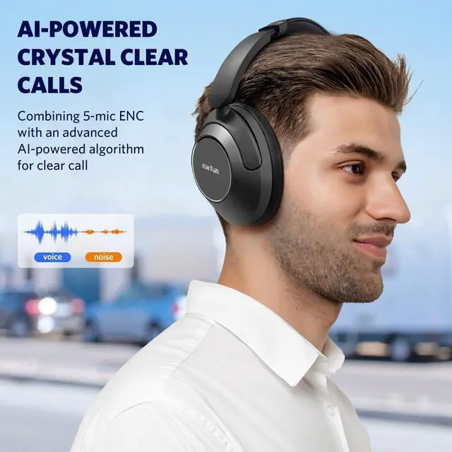 Alt view image 6 of 7 - EarFun Wave Pro Active Noise Canceling Headphones, Wireless Over Ear Bluetooth Headphones, LDAC Hi-Res Sound, 5 Mics AI Clear Call, 80H Playtime, Multipoint Connection, Comfort Fit, Custom EQ via App