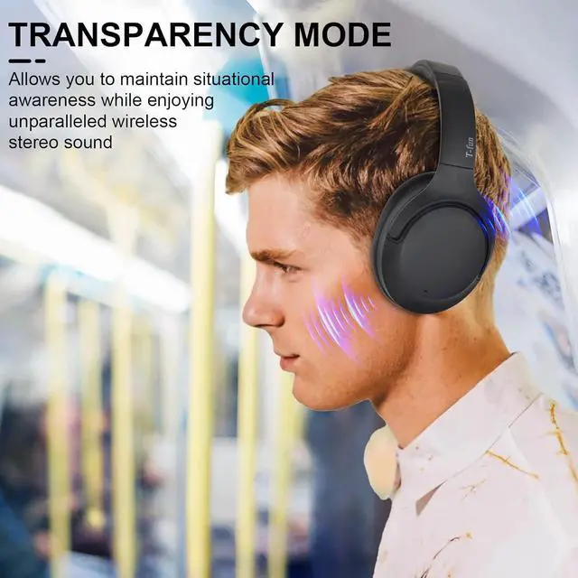 Alt view image 3 of 7 - T-fun NC50 Hybrid Active Noise Cancelling Headphones Wireless Bluetooth 5.3, Foldable Over Ear Headphones, Custom EQ via App, 65 Hours Playtime, Low Latency Game Mode, Multipoint Connection