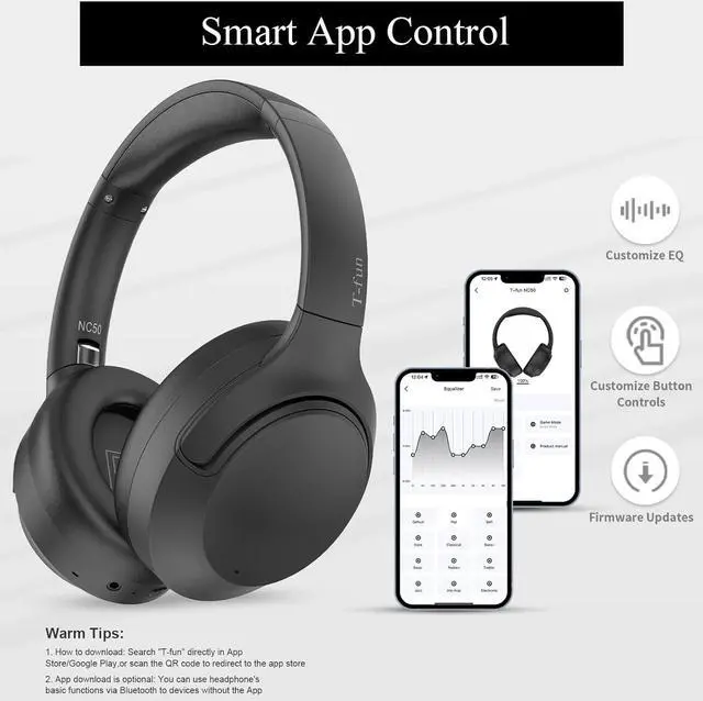 Alt view image 5 of 7 - T-fun NC50 Hybrid Active Noise Cancelling Headphones Wireless Bluetooth 5.3, Foldable Over Ear Headphones, Custom EQ via App, 65 Hours Playtime, Low Latency Game Mode, Multipoint Connection