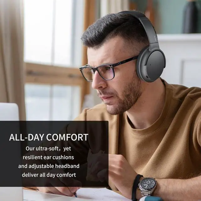 Alt view image 6 of 7 - Hybrid Active Noise Cancelling Headphones with MicrophoneANC Wireless Over Ear Bluetooth Headphones, Hi-Res Audio Custom with 4 EQ Deep Bass, Memory Foam Ear Cups, Quick Charge 60H HiFi Playtime