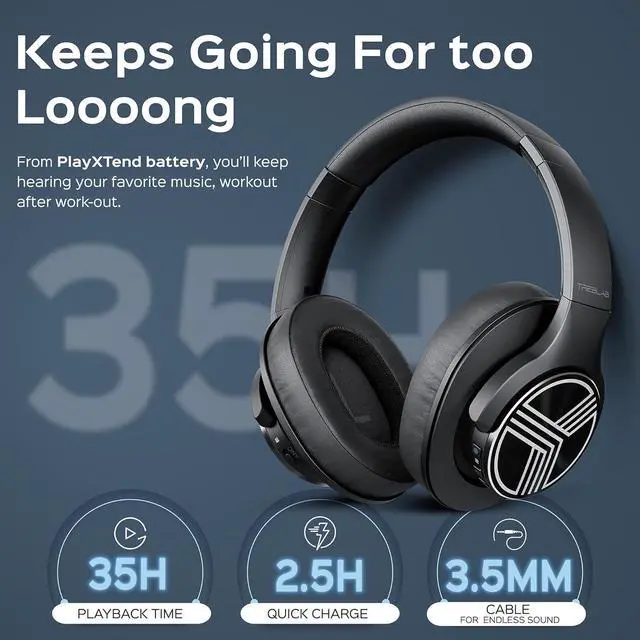 Alt view image 4 of 7 - TREBLAB Z2 Active Noise Cancelling Workout Headphones - Signature-HD Sound, Deep Bass, 35H Battery, Comfortable, Foldable Over Ear Bluetooth Headphones Wireless. for Gym, Sport, Travel. Mic for Calls