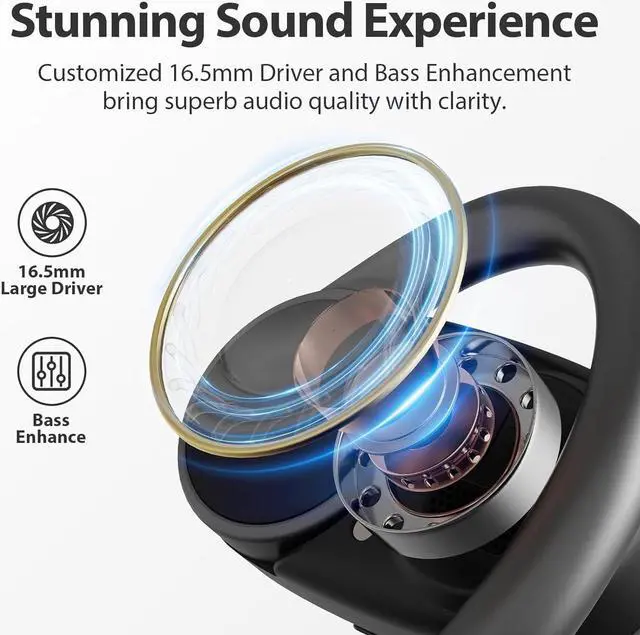 Alt view image 4 of 7 - 1Mii Open Ear Headphones, Wireless Sports Earbuds 60 Hours Long Playtime with Charging Case, Snug Fit Bluetooth Earbuds with Rotatable Ear Hooks, ENC Clear Calls Premium Sound IPX4 Waterproof Black