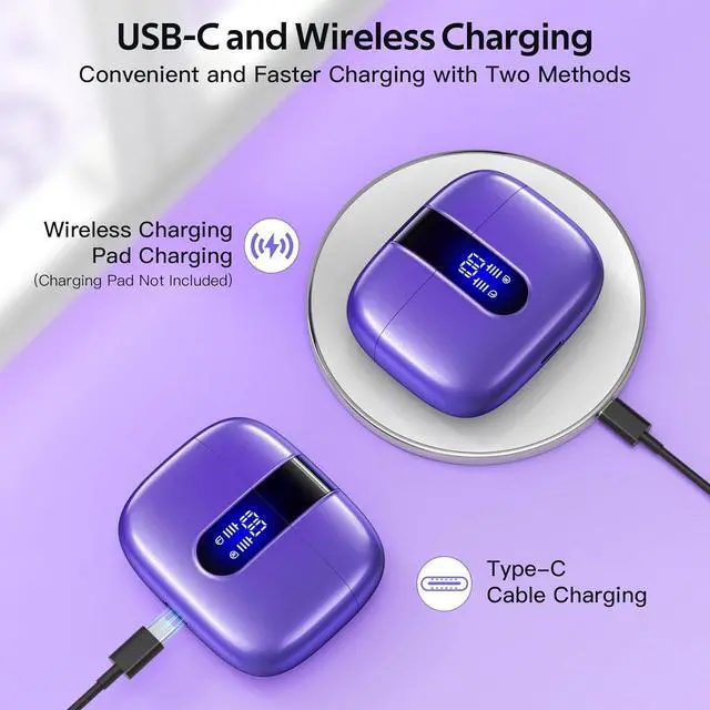 Alt view image 3 of 7 - TAGRY Bluetooth Headphones True Wireless Earbuds 60H Playback LED Power Display Earphones with Wireless Charging Case IPX5 Waterproof in-Ear Earbuds with Mic for TV Smart Phone Laptop Computer Sports