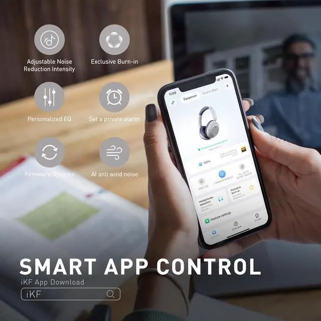 Alt view image 6 of 7 - iKF-T3 Wireless Headphones Bluetooth 5.3 Active Noise Cancelling 125H Playtime Hi-Res Smart App Control 38ms Low Latency Foldable Lightweight Headset for PC Home Travel Office (YunYan-White)