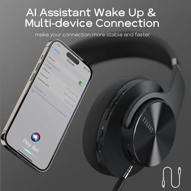 Alt view image 4 of 7 - DOQAUS Bluetooth Headphones Over Ear, 90 Hours Playtime Wireless Headphones with 3 EQ Modes, Noise Isolating HiFi Stereo Headphones with Deep Bass, Microphone, Soft Earpads for Cellphone/PC (Black)