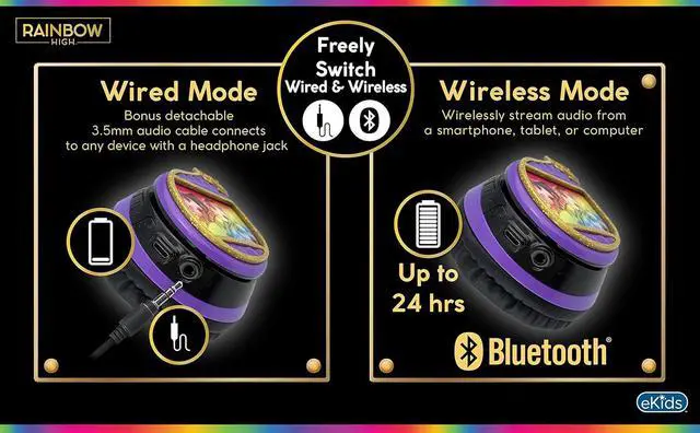 Alt view image 5 of 7 - eKids Rainbow High Kids Bluetooth Headphones, Wireless Headphones with Microphone Includes Aux Cord, Volume Reduced Kids Foldable Headphones for School, Home, or Travel