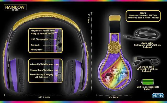 Alt view image 6 of 7 - eKids Rainbow High Kids Bluetooth Headphones, Wireless Headphones with Microphone Includes Aux Cord, Volume Reduced Kids Foldable Headphones for School, Home, or Travel