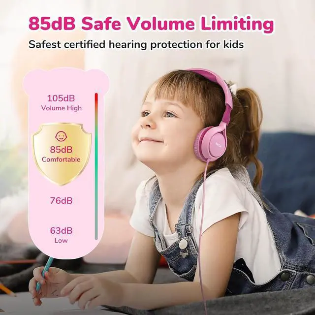 Alt view image 2 of 7 - EarFun S1 Kids Headphones, Foldable Wired Headphones for Kids, 85dB Volume Limit, Stereo Sound, Adjustable Headband, Portable Lightweight On-Ear Headphones for School/Travel/Boys/Girls/PC, Pink