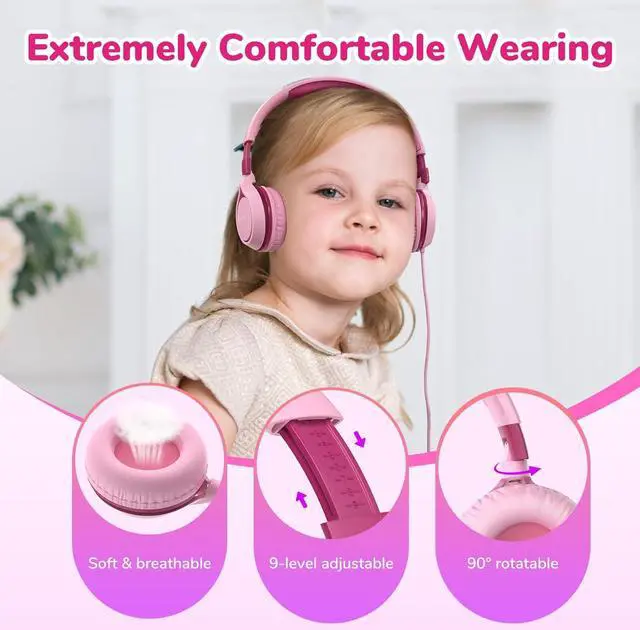 Alt view image 3 of 7 - EarFun S1 Kids Headphones, Foldable Wired Headphones for Kids, 85dB Volume Limit, Stereo Sound, Adjustable Headband, Portable Lightweight On-Ear Headphones for School/Travel/Boys/Girls/PC, Pink