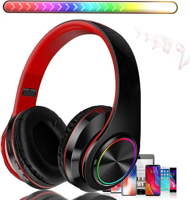 Main image of Bluetooth Wireless Over Ear Headphones, HiFi Stereo Sound Foldable Headphones,Colorful LED Lights Headphones with Built-in Mic,Wired for School/Tablet Computer/PC/TV/Cellphones/Travel (Black Red)