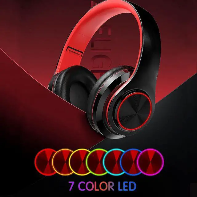 Alt view image 4 of 7 - Bluetooth Wireless Over Ear Headphones, HiFi Stereo Sound Foldable Headphones,Colorful LED Lights Headphones with Built-in Mic,Wired for School/Tablet Computer/PC/TV/Cellphones/Travel (Black Red)