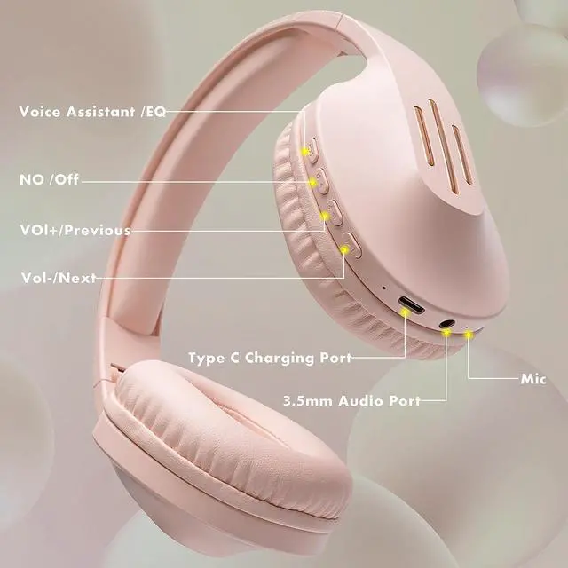 Alt view image 3 of 6 - ZIHNIC Bluetooth Headphones Over Ear, 5 EQ Modes Wireless Headphones, Foldable Lightweight Headset with Deep Bass, HiFi Stereo, Microphone for Online Class,Office,PC,Phone(Pink)