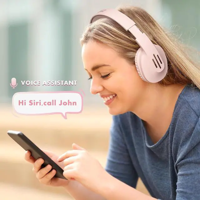 Alt view image 4 of 6 - ZIHNIC Bluetooth Headphones Over Ear, 5 EQ Modes Wireless Headphones, Foldable Lightweight Headset with Deep Bass, HiFi Stereo, Microphone for Online Class,Office,PC,Phone(Pink)