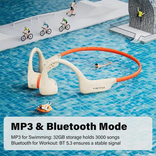Alt view image 5 of 6 - Bone Conduction Headphones, Open Ear Headphones Wireless Earphones, 32GB MP3, 8 Hours Playtime, Bluetooth 5.3, IP68 Waterproof Headphones for Running and Fitness Workout - Beige Orange