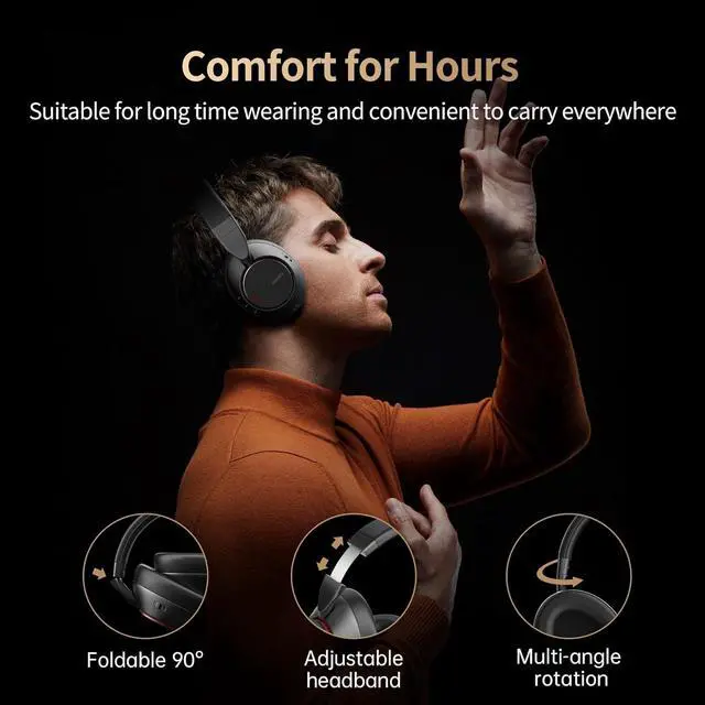 Alt view image 3 of 7 - Bluetooth Headphones, 60H Playtime Wireless Headphones Over Ear with Active Noise Cancelling, Hi-Res Audio, Deep Bass, Memory Foam Ear Cups for Travel, Home Office - Classic Black