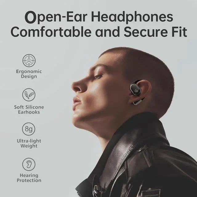 Alt view image 2 of 7 - Open-Ear Headphones Wireless Bluetooth 5.3 Air Conduction Open Ear Buds with Mic Open Ear Earbuds with Earhooks IPX5 Waterproof 40Hours Playtime Earphones for Running Workout Black