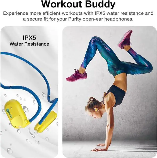 Alt view image 7 of 7 - Purity Air Open Ear Headphones - True Air Conduction Wireless Bluetooth Open Ear Earbuds with Dual Mic for iPhone/Android - Secured Long Wearing Comfort, Sports Sweat Resistant (Yellow/Blue)