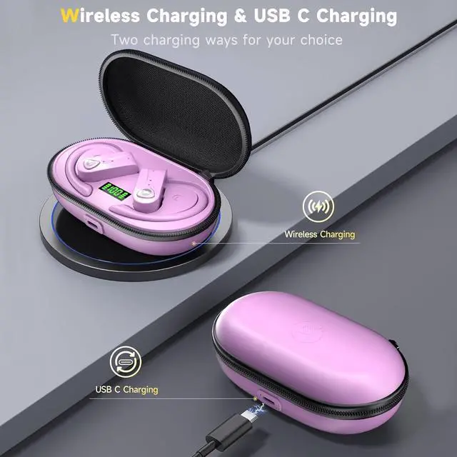 Alt view image 3 of 6 - Bluetooth Headphones Noise Canceling 4 Mics Clear Call Stereo Bass Sound 60H Playtime Wireless Charging Case Over Ear Earphones LED Digital Display Headset with Earhooks for Sports Running Workout Gym