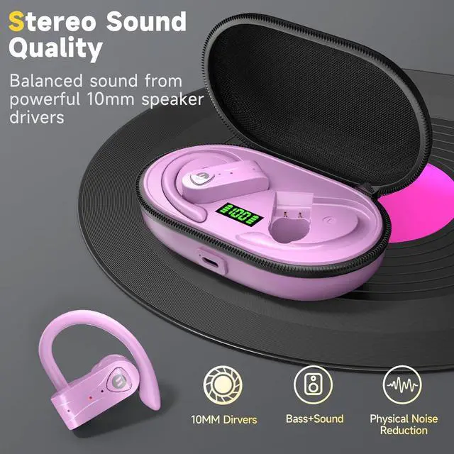 Alt view image 5 of 6 - Bluetooth Headphones Noise Canceling 4 Mics Clear Call Stereo Bass Sound 60H Playtime Wireless Charging Case Over Ear Earphones LED Digital Display Headset with Earhooks for Sports Running Workout Gym