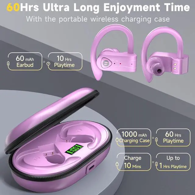 Alt view image 6 of 6 - Bluetooth Headphones Noise Canceling 4 Mics Clear Call Stereo Bass Sound 60H Playtime Wireless Charging Case Over Ear Earphones LED Digital Display Headset with Earhooks for Sports Running Workout Gym