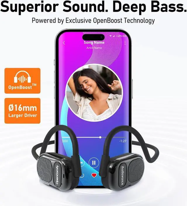 Alt view image 3 of 7 - OpenComfy CF201 Wireless Headphones for Running - Bluetooth Open-Ear Headphones for Sports Gym Workout - Superior Sound, Ultimate Comfor, Secure Fit, Ambient Awarenes. Black