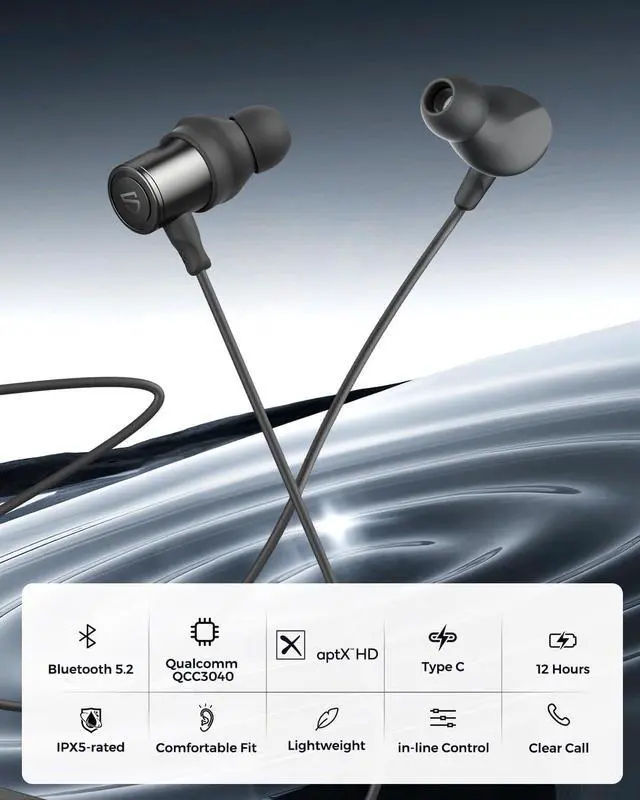 Alt view image 7 of 7 - Q30 HD+ Bluetooth Headphones in-Ear Stereo Wireless 5.2 Magnetic Earphones IPX5 Sweatproof Earbuds with Mic for Sports Immersive Bass 10mm Drivers aptX-HD 12 Hours Playtime Type C