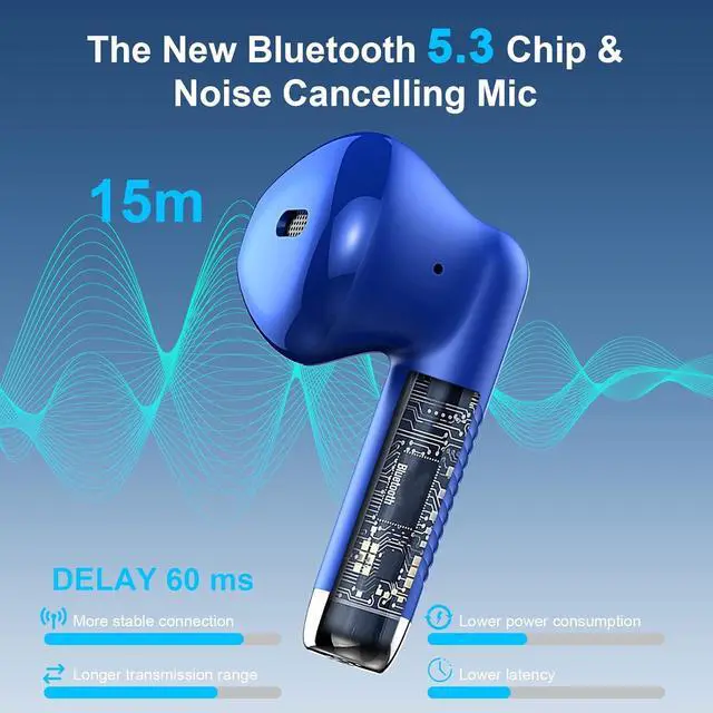 Alt view image 2 of 7 - Wireless Earbuds, Bluetooth 5.4 Earbuds Stereo Bass, Bluetooth Headphones in Ear Noise Cancelling Mic, Earphones IP7 Waterproof Sports, 32H Playtime USB C Charging Case Blue Ear Buds for Android iOS