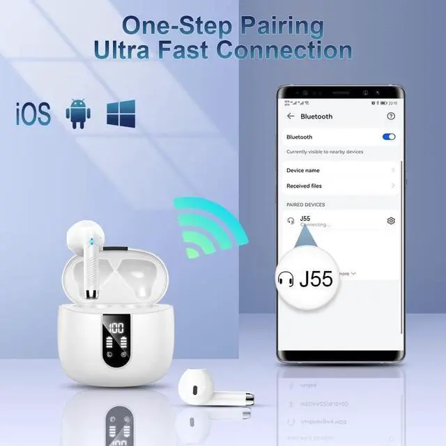 Alt view image 6 of 7 - Wireless Earbuds, 2024 Bluetooth Headphones V5.3 Ear Buds Built-in ENC Noise Cancelling Mics, 40H Stereo Bass Bluetooth Earbuds with Dual LED Display, IP7 Waterproof Earphones for Android iOS, White