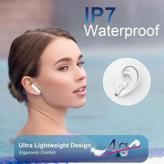 Alt view image 7 of 7 - Wireless Earbuds, 2024 Bluetooth Headphones V5.3 Ear Buds Built-in ENC Noise Cancelling Mics, 40H Stereo Bass Bluetooth Earbuds with Dual LED Display, IP7 Waterproof Earphones for Android iOS, White