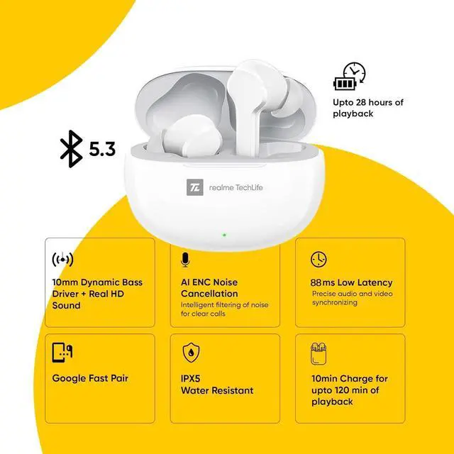 Alt view image 2 of 7 - realme TechLife Buds T100 Bluetooth Truly Wireless in Ear Earbuds with mic, AI ENC for Calls, Google Fast Pair, 28 Hours Total Playback with Fast Charging and Low Latency Gaming Mode (White)