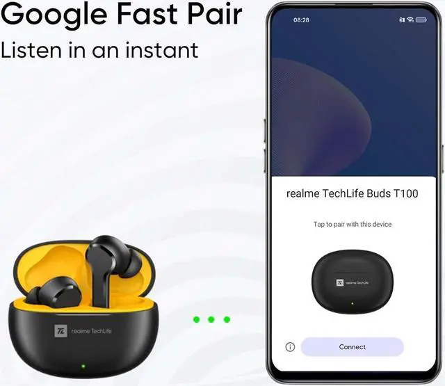Alt view image 6 of 7 - realme TechLife Buds T100 Bluetooth Truly Wireless in Ear Earbuds with mic, AI ENC for Calls, Google Fast Pair, 28 Hours Total Playback with Fast Charging and Low Latency Gaming Mode (White)