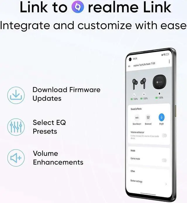 Alt view image 7 of 7 - realme TechLife Buds T100 Bluetooth Truly Wireless in Ear Earbuds with mic, AI ENC for Calls, Google Fast Pair, 28 Hours Total Playback with Fast Charging and Low Latency Gaming Mode (White)