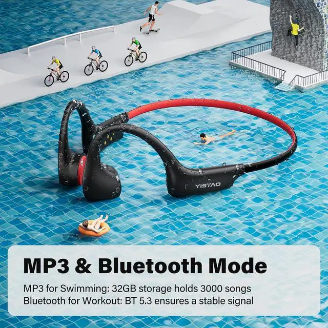 Alt view image 5 of 6 - Bone Conduction Headphones, Open Ear Headphones Wireless Earphones, 32GB MP3, 8 Hours Playtime, Bluetooth 5.3, IP68 Waterproof Headphones for Running and Fitness Workout - Red